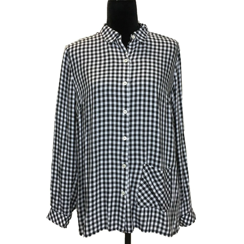 J Jill Shirt‎ SMALL Gingham Plaid Buffalo Check Button Oversize Pocket Long Sl